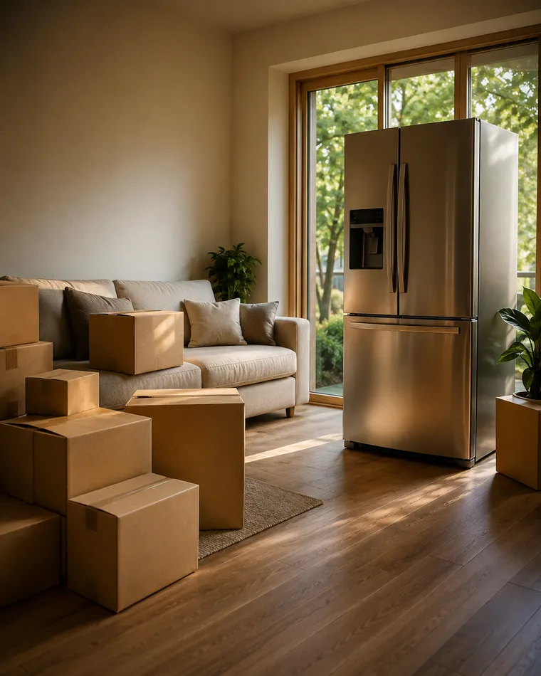 Sala con nevera nueva y cajas de mudanza listas para el envío